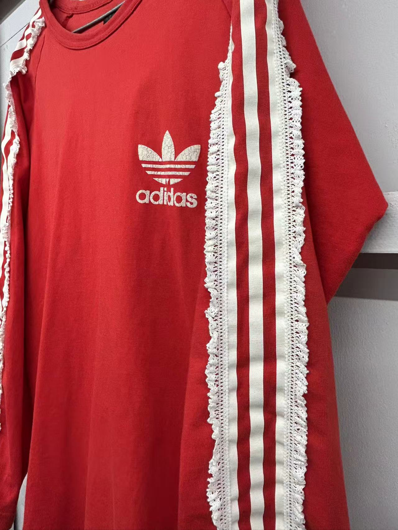【USED】REMAKE adidas ラグラン ロングスリーブ Tシャツ　ロンT　袖レース　レッド　サイズL