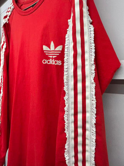 【USED】REMAKE adidas ラグラン ロングスリーブ Tシャツ　ロンT　袖レース　レッド　サイズL