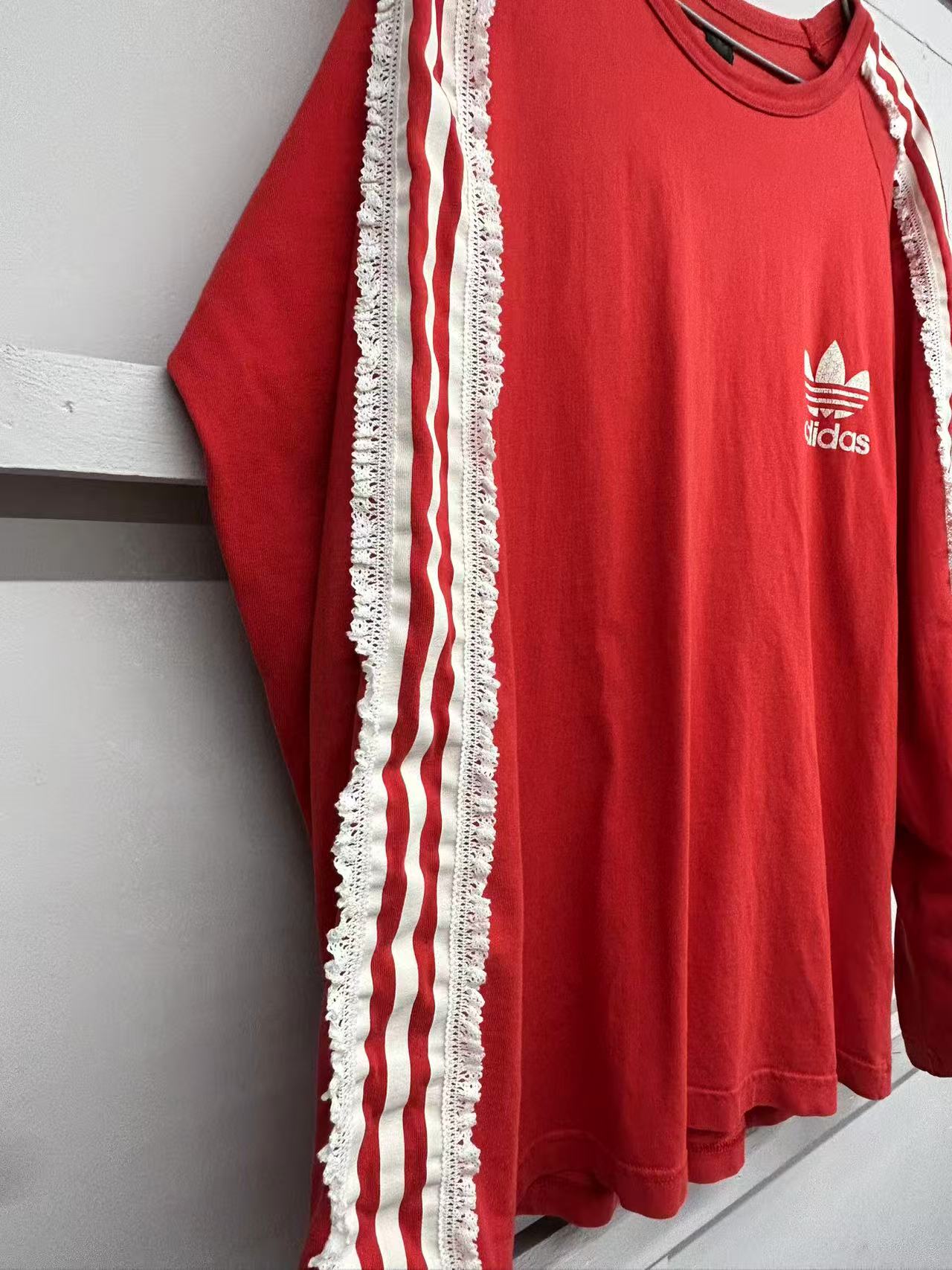 【USED】REMAKE adidas ラグラン ロングスリーブ Tシャツ　ロンT　袖レース　レッド　サイズL