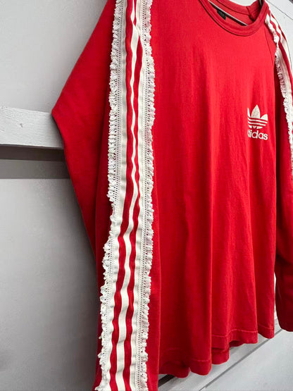【USED】REMAKE adidas ラグラン ロングスリーブ Tシャツ　ロンT　袖レース　レッド　サイズL