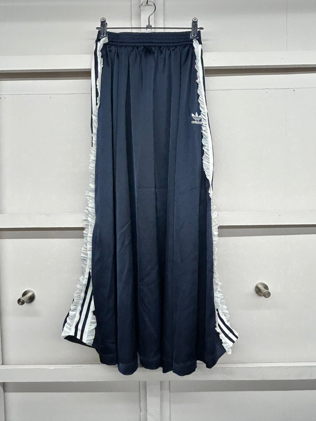 【USED】REMAKE adidas フレア ロングスカート　フレアスカート　脇フリル　ネイビー　サイズS