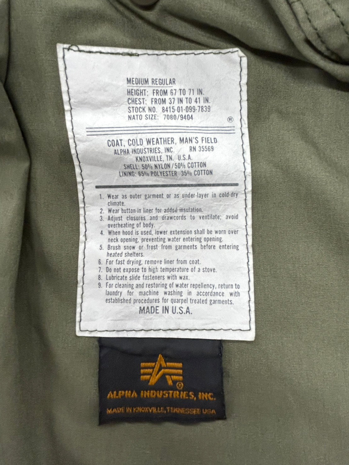 【USED】Alpha Industries社製　M-65　フィールドジャケット　3rd
