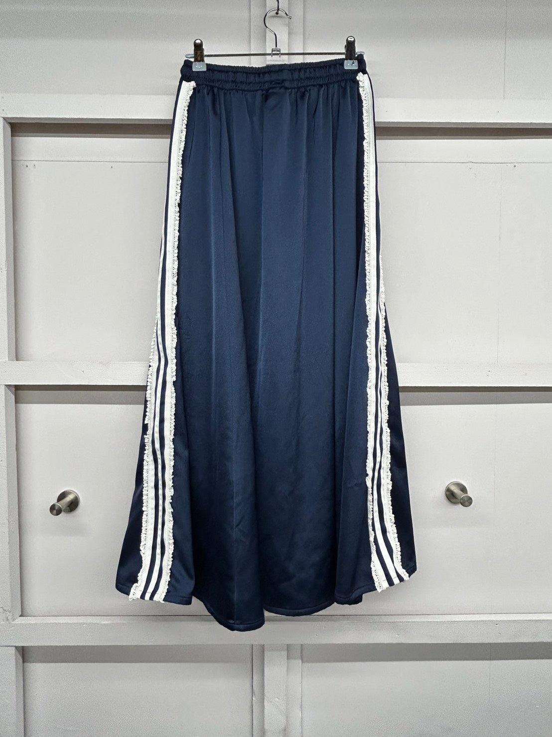【USED】REMAKE adidas フレア ロングスカート　フレアスカート　脇レース　ネイビー　サイズM