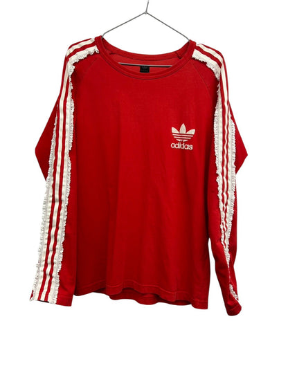 【USED】REMAKE adidas ラグラン ロングスリーブ Tシャツ　ロンT　袖レース　レッド　サイズL