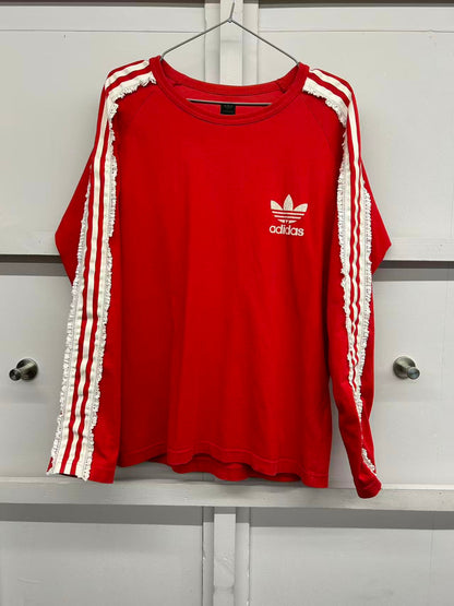 【USED】REMAKE adidas ラグラン ロングスリーブ Tシャツ　ロンT　袖レース　レッド　サイズL