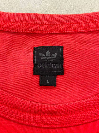 【USED】REMAKE adidas ラグラン ロングスリーブ Tシャツ　ロンT　袖レース　レッド　サイズL