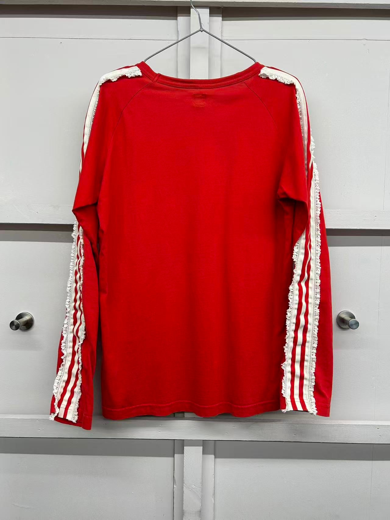 【USED】REMAKE adidas ラグラン ロングスリーブ Tシャツ　ロンT　袖レース　レッド　サイズL
