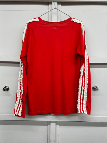 【USED】REMAKE adidas ラグラン ロングスリーブ Tシャツ　ロンT　袖レース　レッド　サイズL