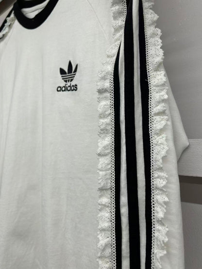 【USED】REMAKE adidas ラグラン ロングスリーブ Tシャツ　ロンT　袖レース　ホワイト　サイズM